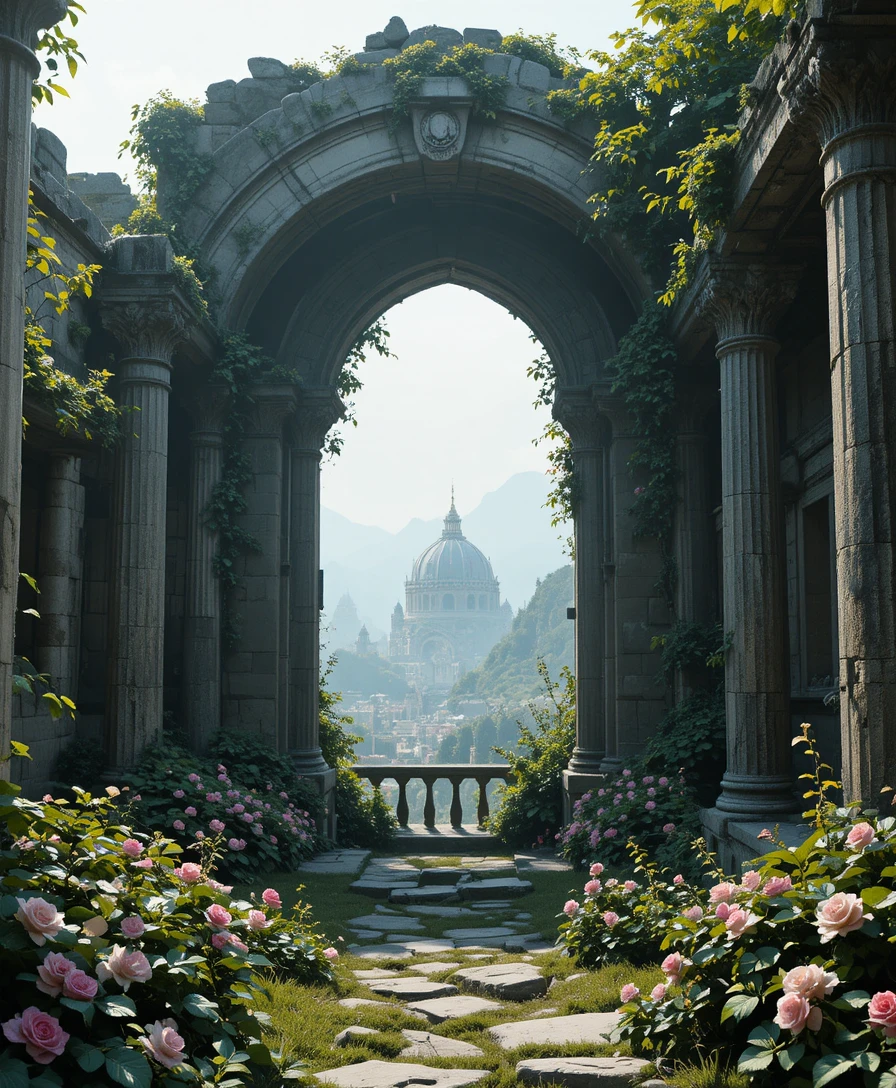 Ancient stone ruins opening onto a distant fantasy kingdom