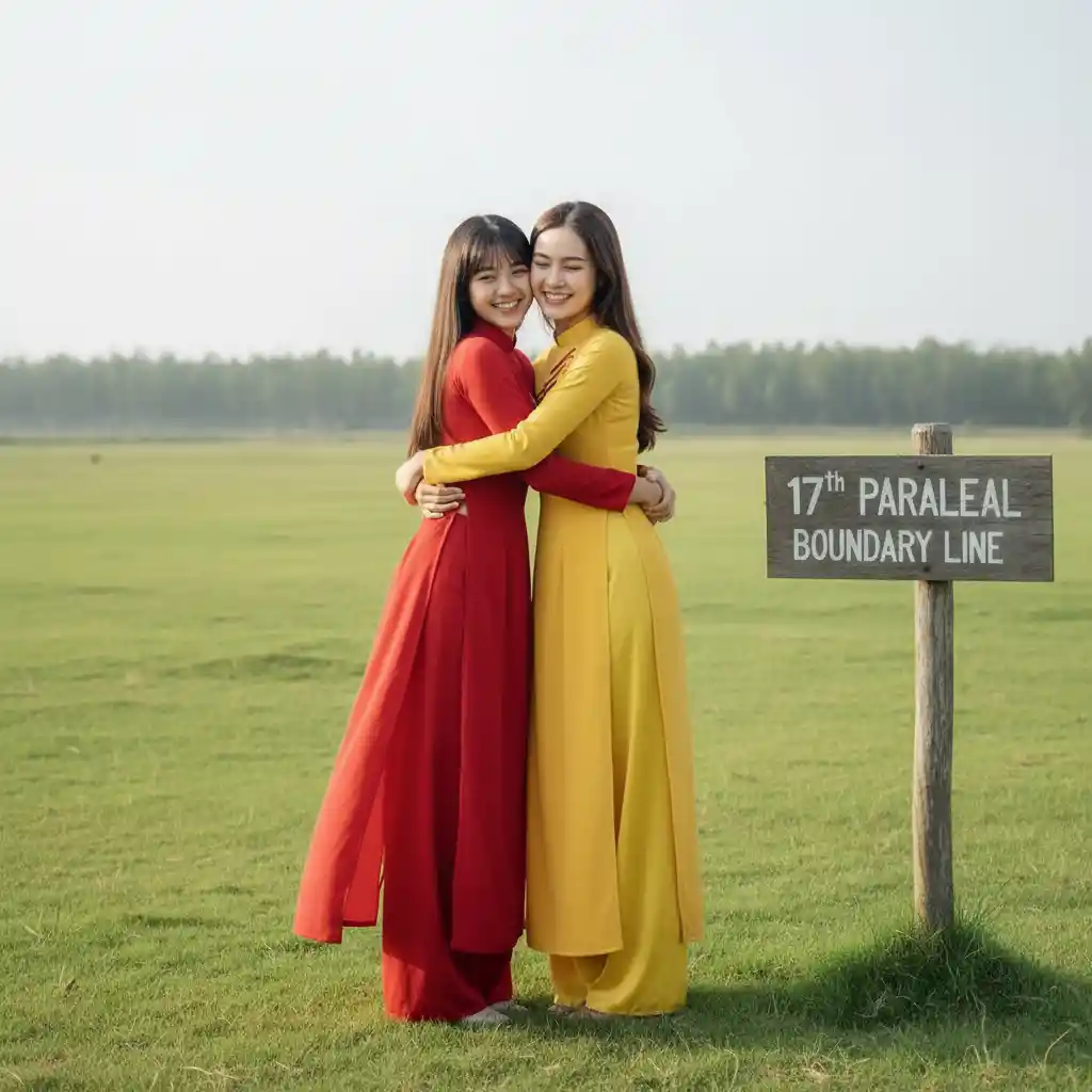 Two girls in traditional ao dai embracing on green grass