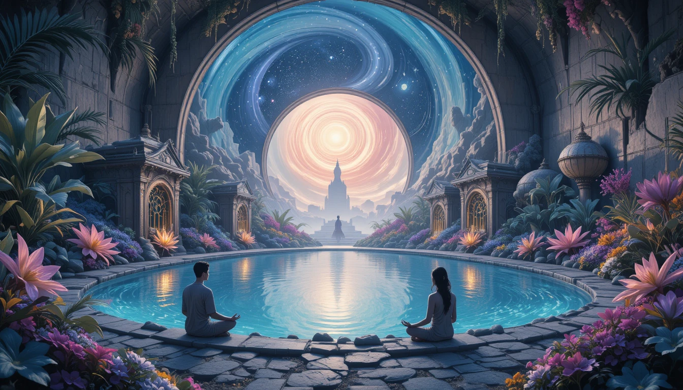 Figuras Meditando Junto a una Piscina de Oasis Cósmico