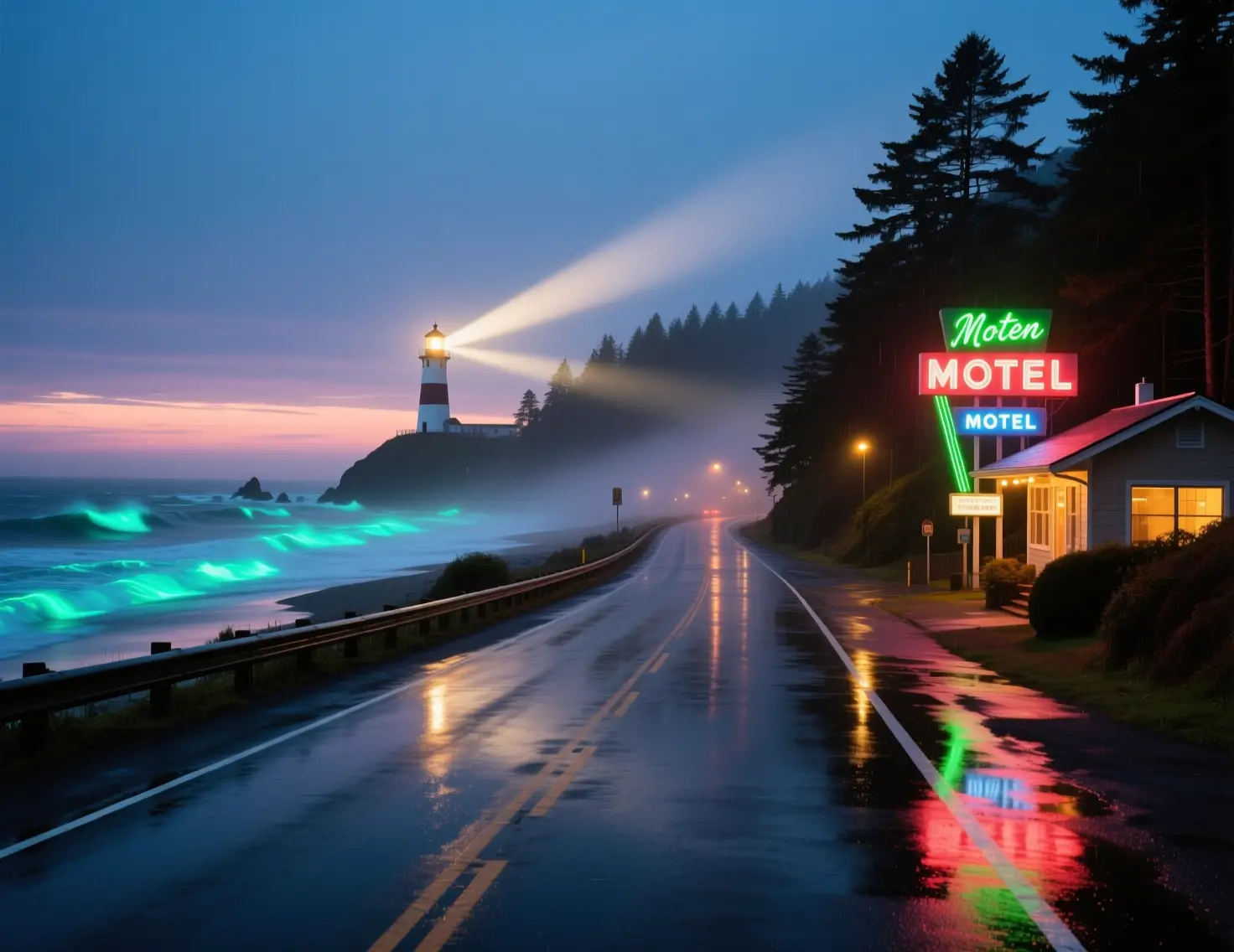 Autostrada costiera dell'Oregon al crepuscolo con insegne al neon di motel luminose
