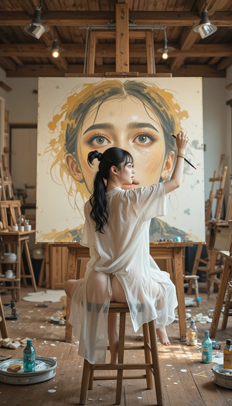 Jeune femme coréenne peignant dans un atelier d’art chaleureux en intérieur