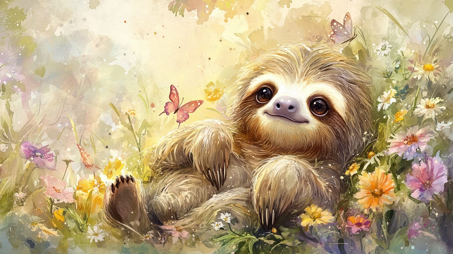 晴れた野の花の草原にいるかわいい赤ちゃんナマケモノの水彩画