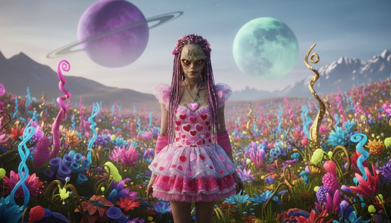 Woman in valentines outfit on colorful alien field