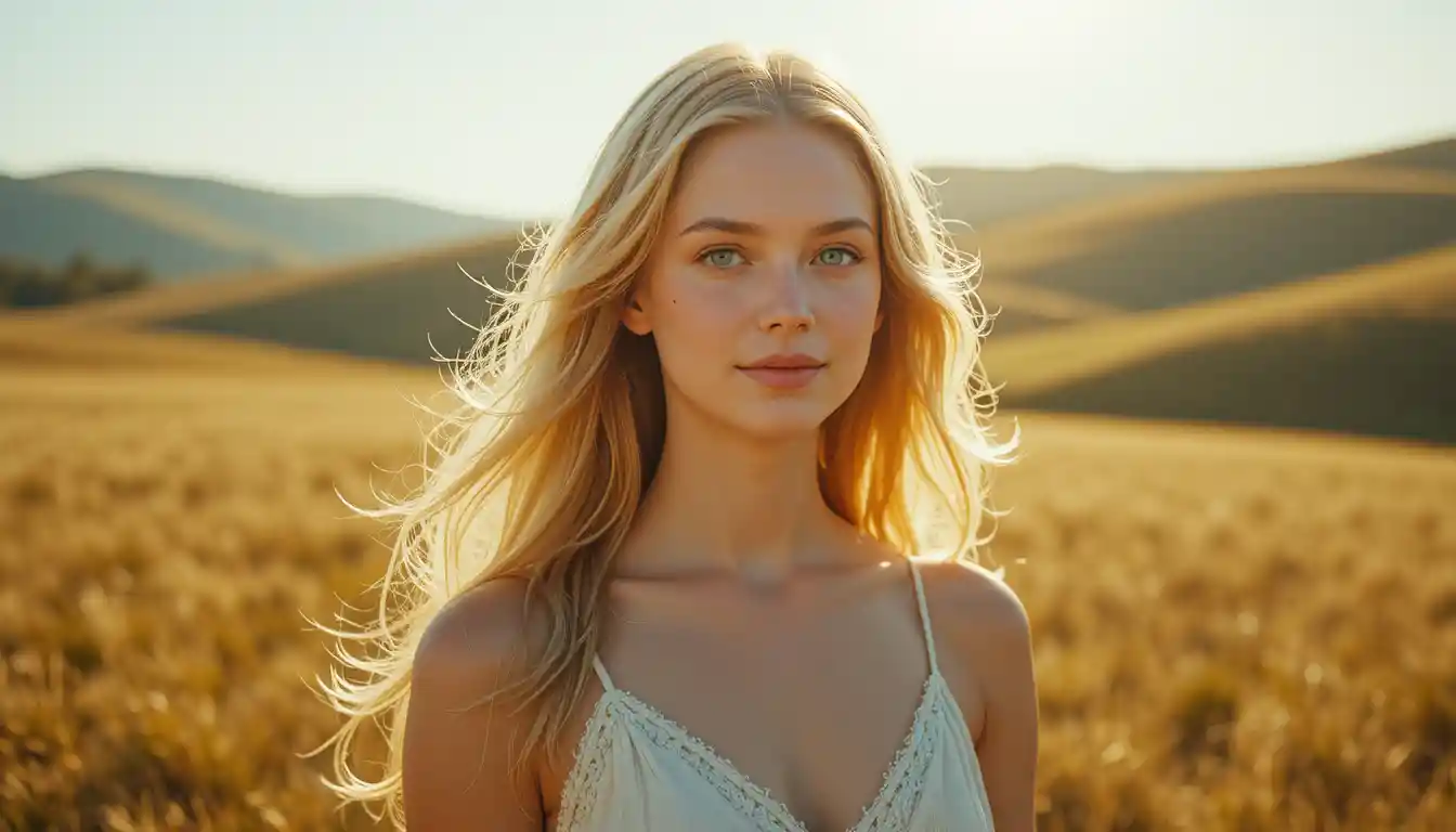 Joven mujer en un campo soleado al atardecer