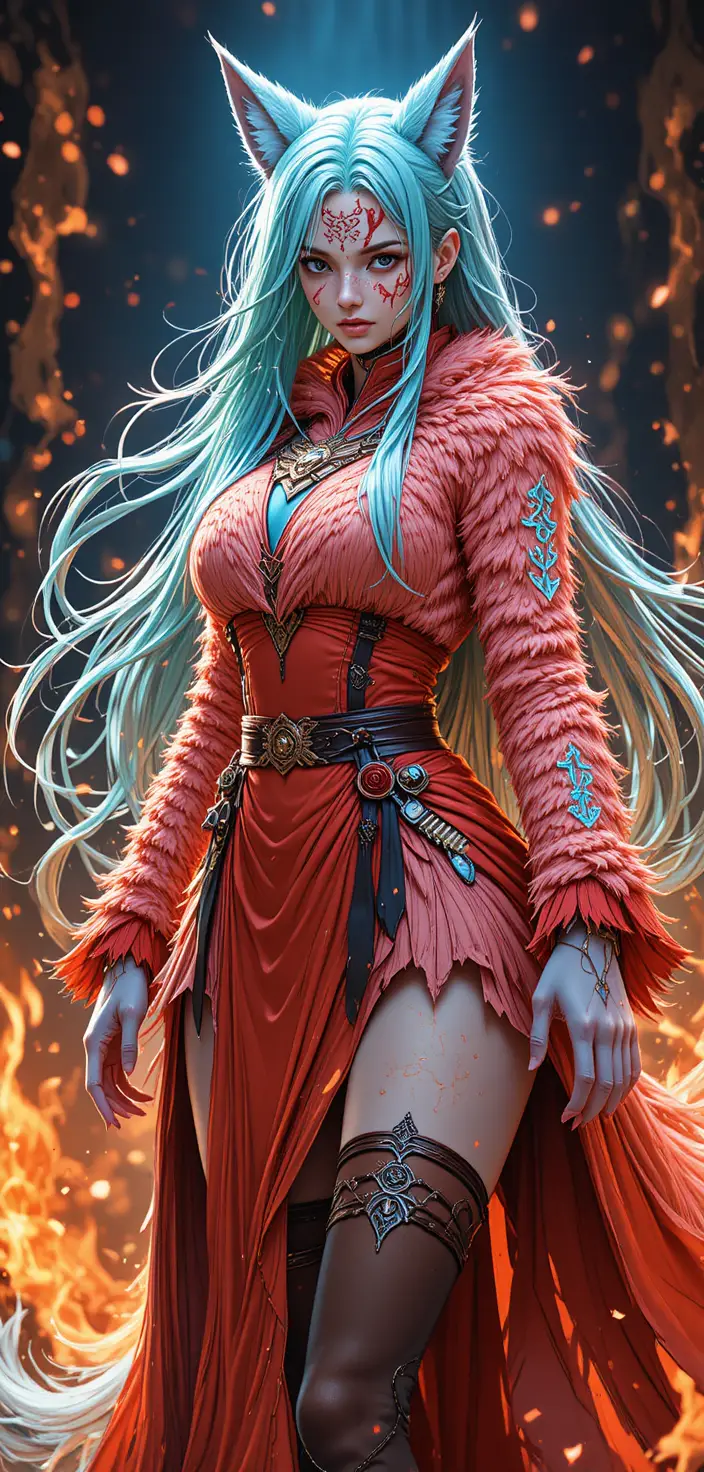 Guerreira raposa anime com marcas rituais flamejantes na pelagem
