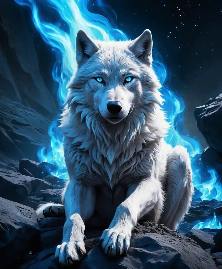 Lobo branco com chamas azuis no espaço cósmico estrelado
