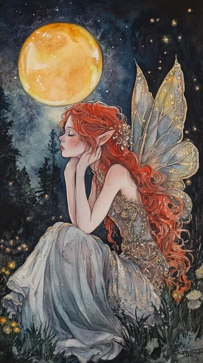 Red haired fairy girl watching glowing fireflies at night