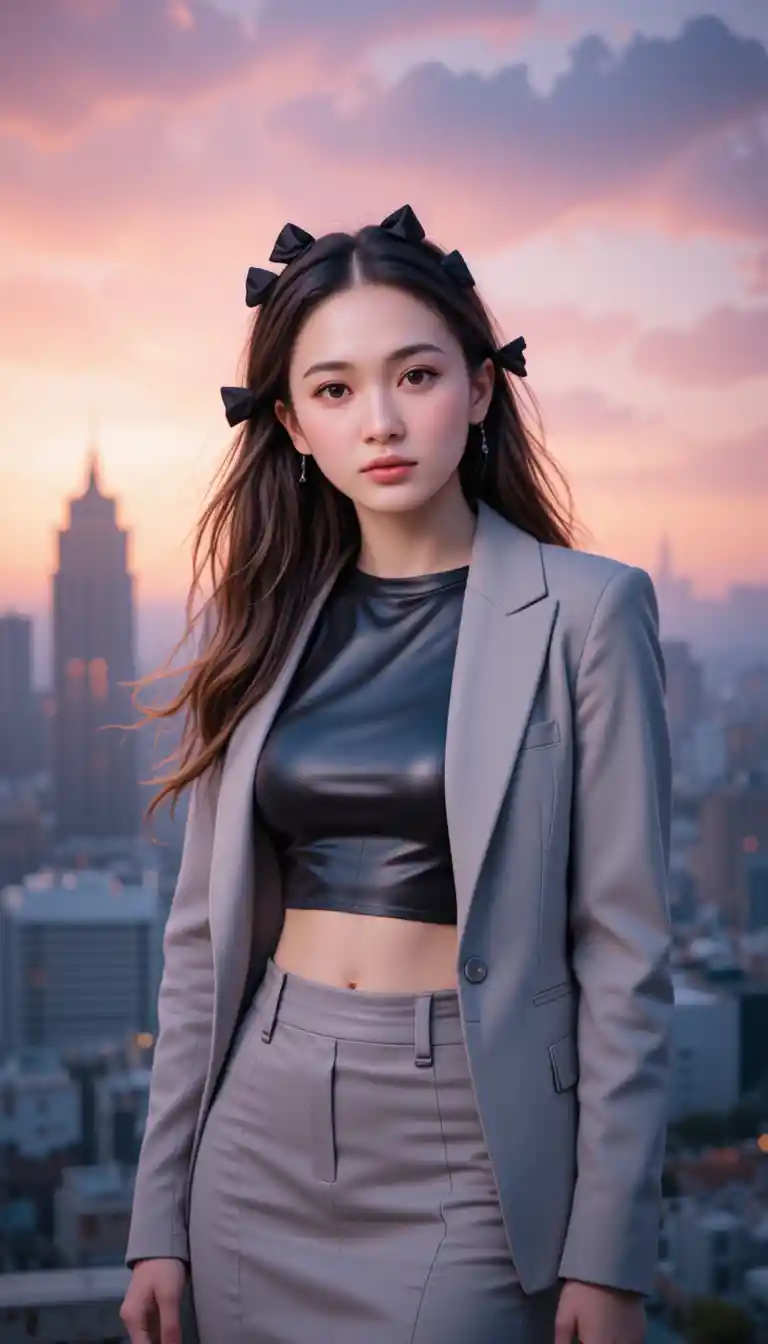 Joven mujer segura de sí misma con el skyline de la ciudad al atardecer