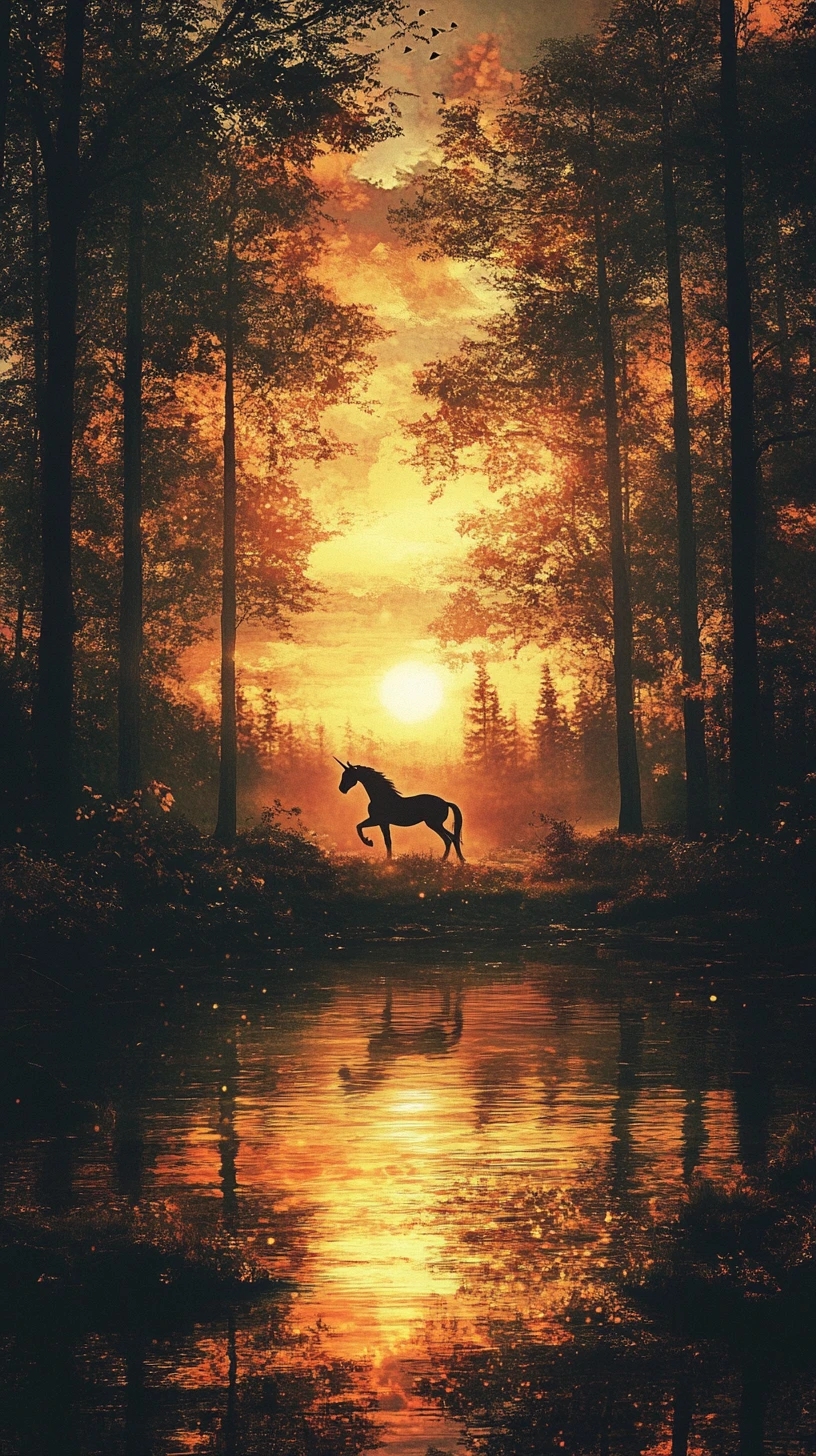 Unicorno che Cammina lungo un Fiume nel Bosco al Tramonto Fiammeggiante