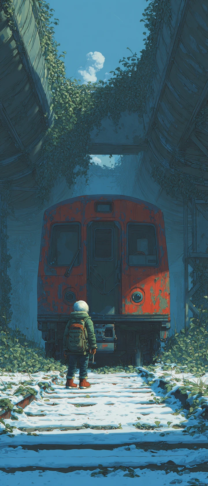 Vampire boy hiding under a stalled train at dusk