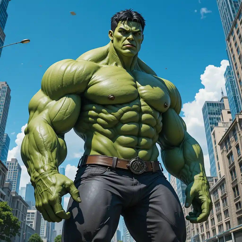 Super-herói verde e musculoso dominando uma cidade moderna