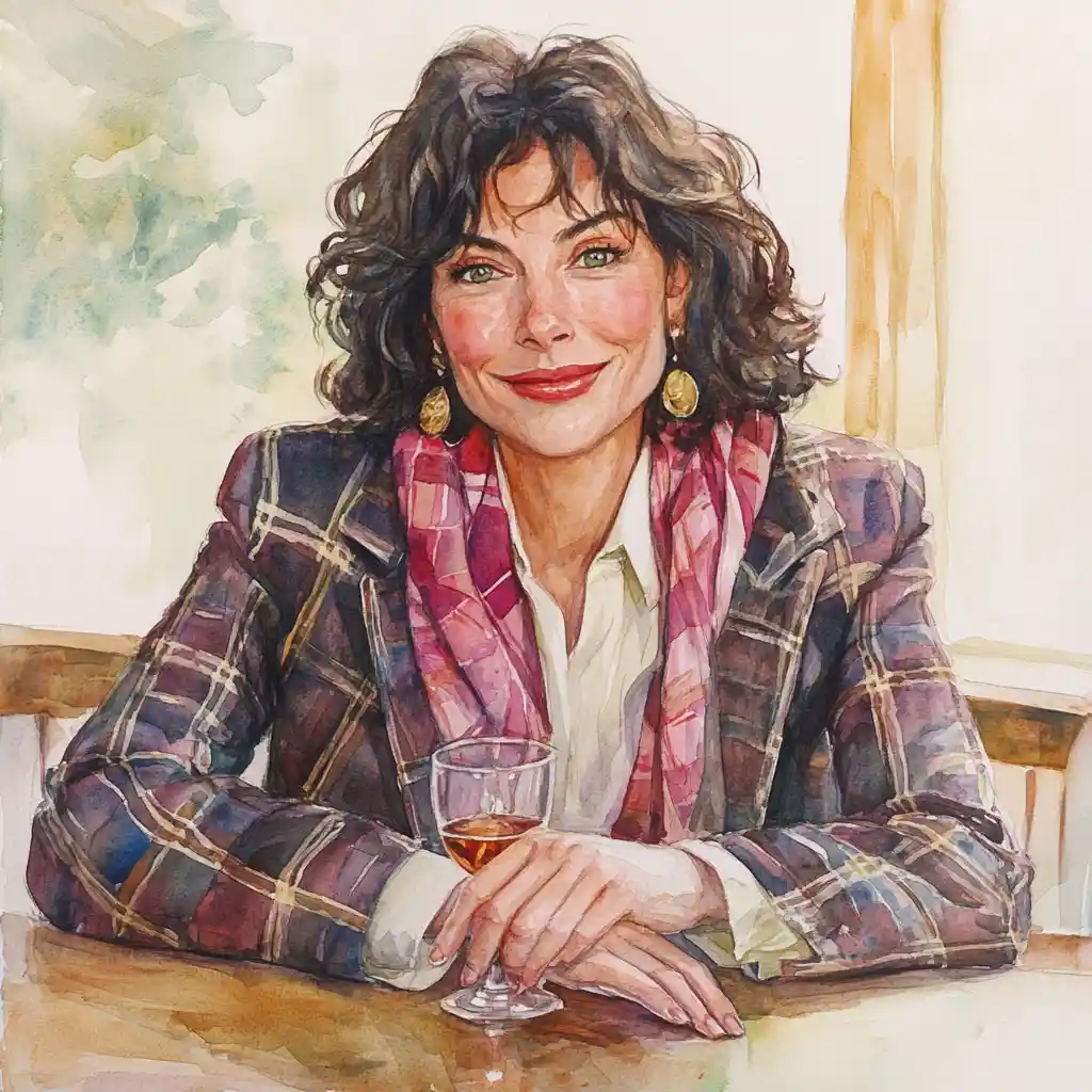 Cheerful woman in plaid suit at cozy cafe table