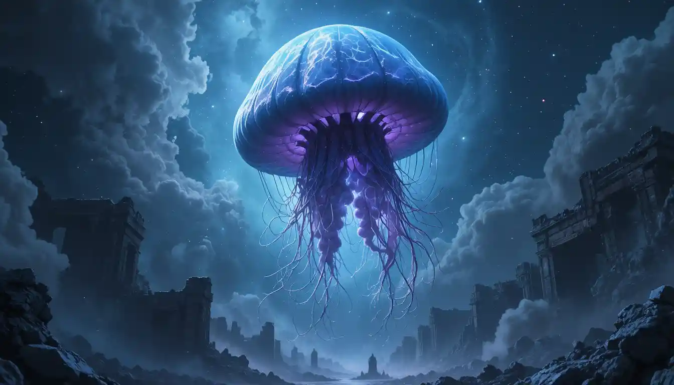 輝く星雲を漂う巨大な宇宙クラゲ