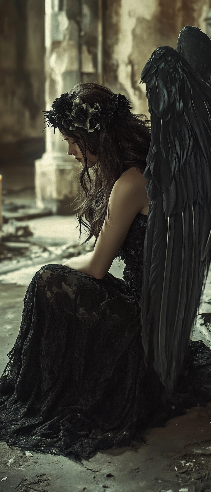 Melancholic angel in black beside candles in abandoned church