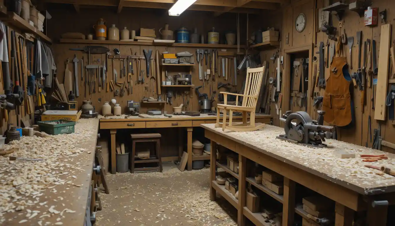 Unfinished rocking chair on a busy woodworking bench