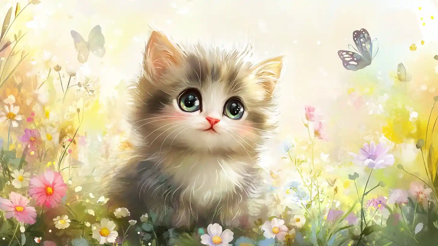 Chaton bébé dodu dans une prairie ensoleillée de fleurs à l’aquarelle