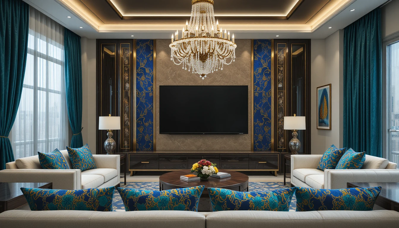 Afrocentric modern living room with warm cowrie shell chandelier