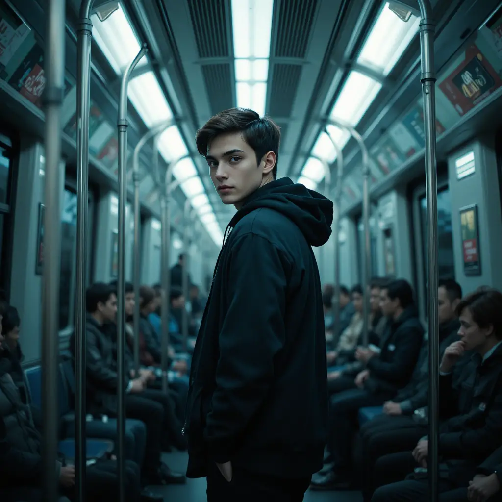 Young man in black hoodie on moody subway train