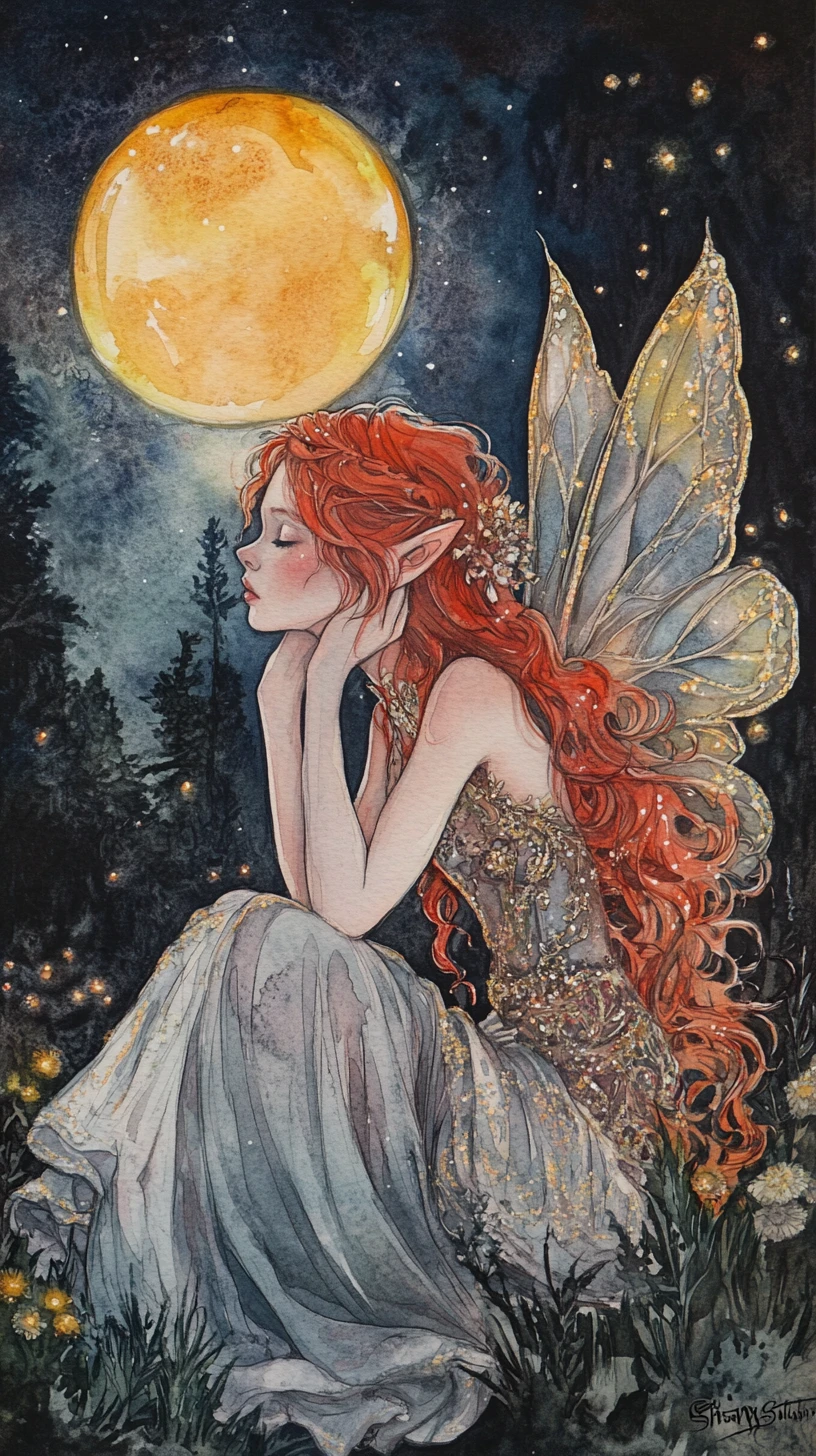 Red haired fairy girl watching glowing fireflies at night