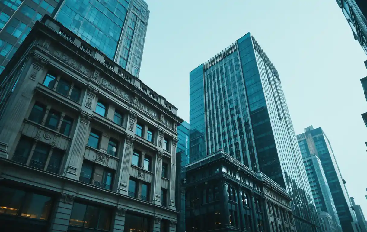 Doppelbelichtung: Stadtarchitektur mit klassischer und moderner Skyline