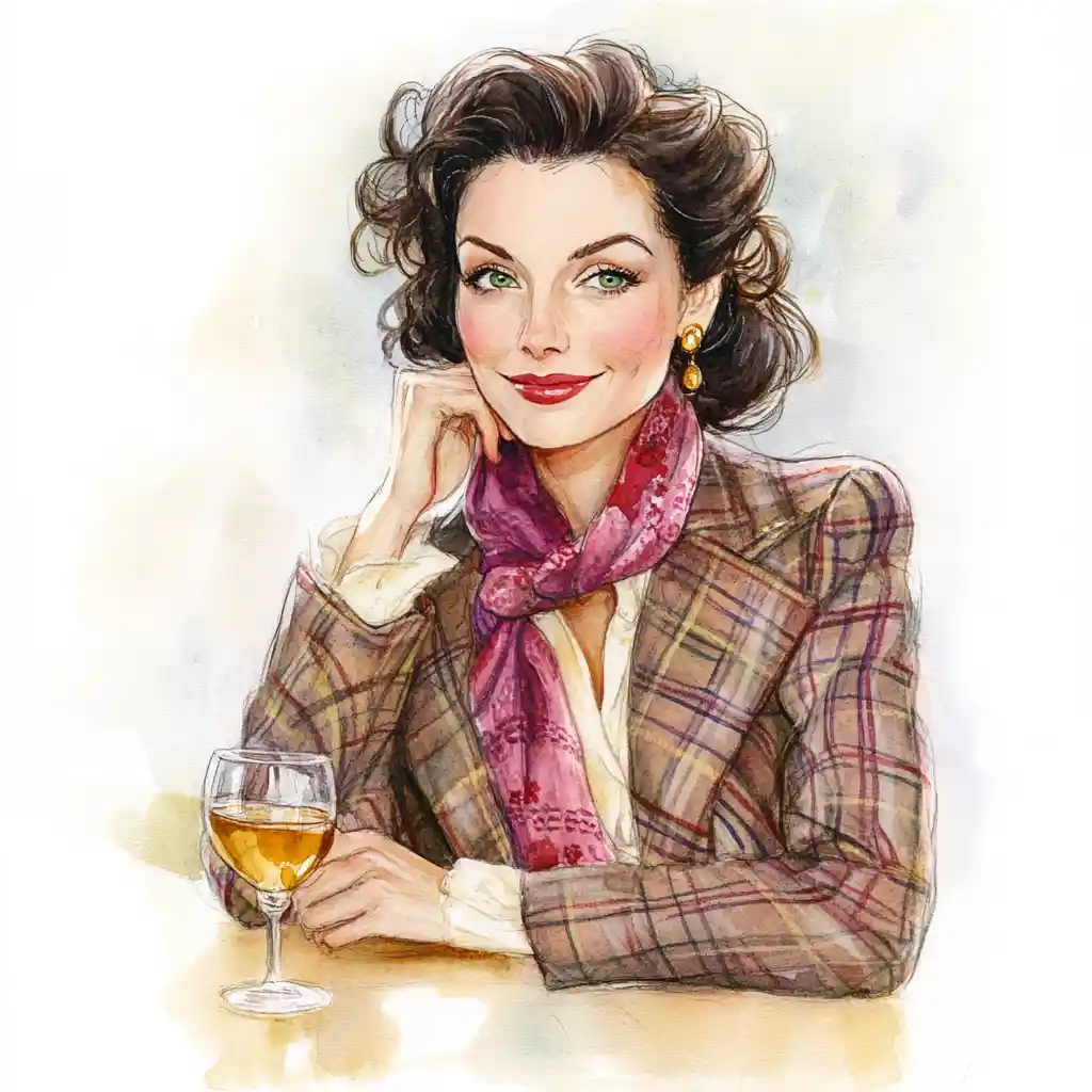 Cheerful woman in plaid suit at cozy cafe table