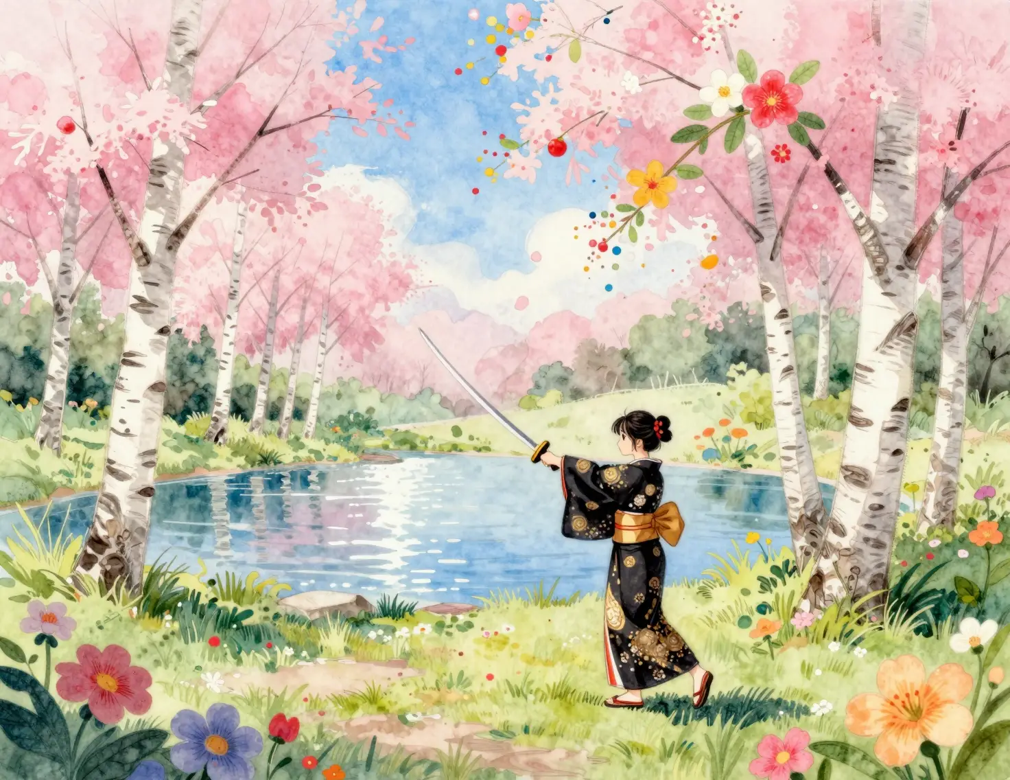 Rive de lac ensoleillée avec bouleaux et bordure florale – œuvre artistique