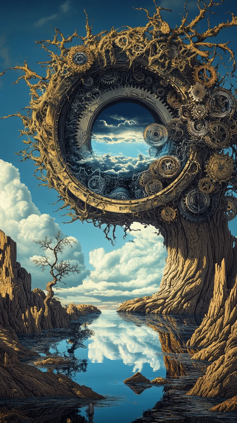 Surreal baroque vine consuming ornate clockwork by water