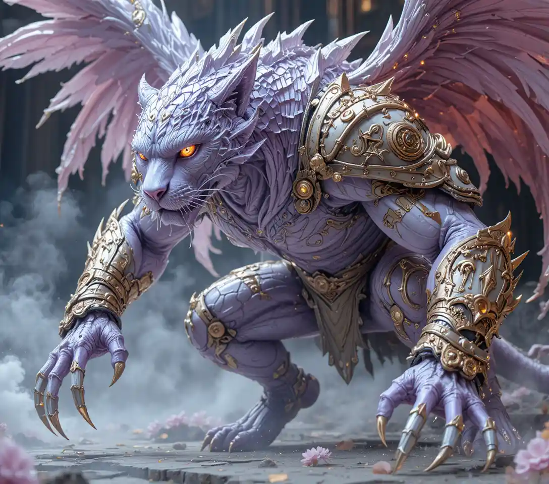 Mythical hooded spirit creature beside a white fairy palace