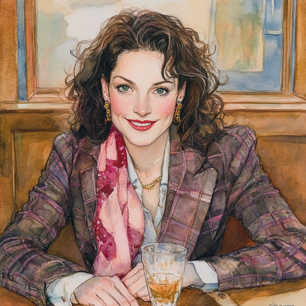 Smiling stylish woman in a watercolor cafe portrait