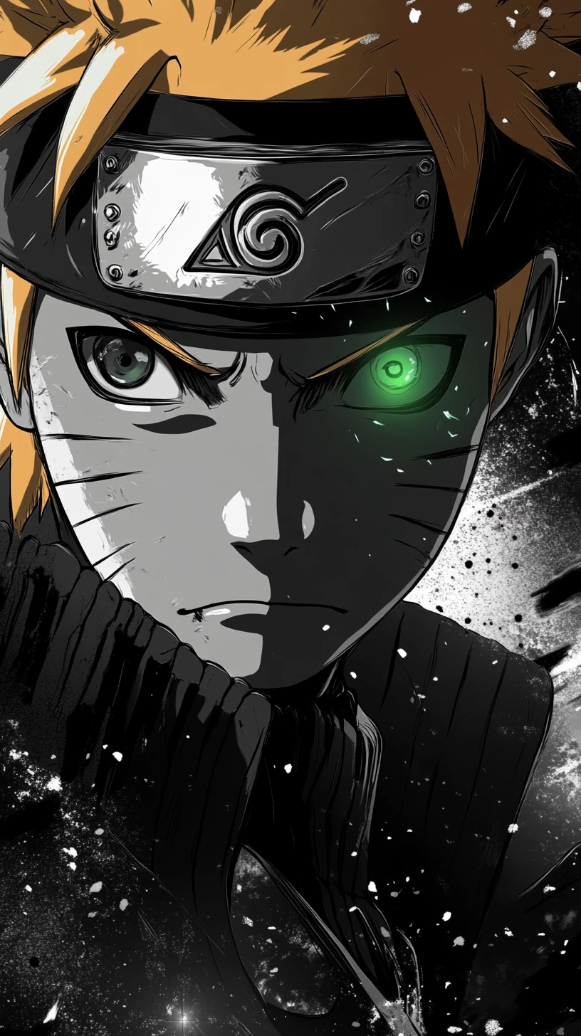 Close em herói de anime intenso com olho verde brilhante