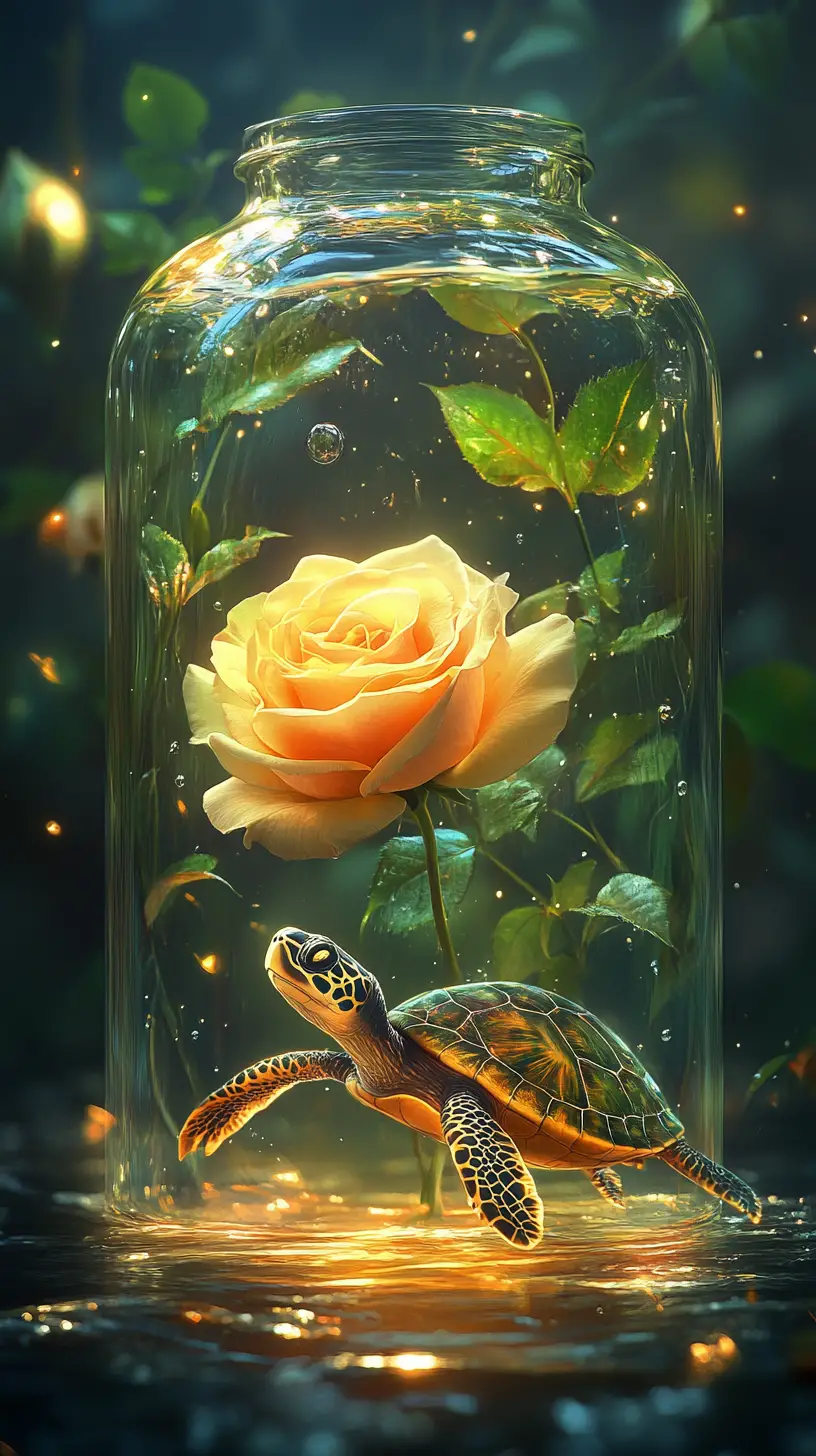 Gelbe Rose und leuchtende Schildkröte in Glasbehälter – Illustration