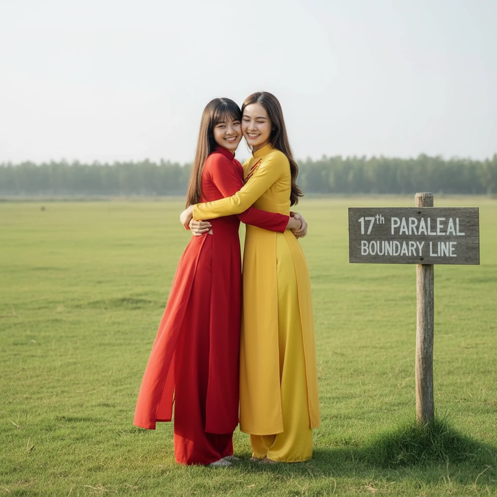Due ragazze in ao dai tradizionale che si abbracciano sull’erba verde