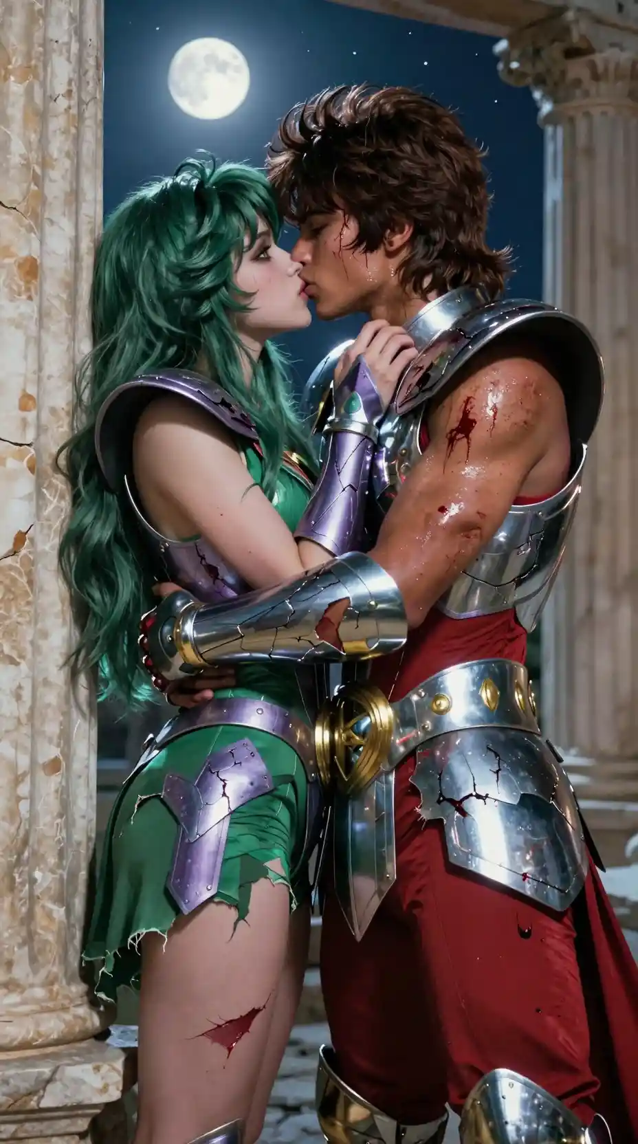 Wounded warrior kissing lover under full moon in ruins