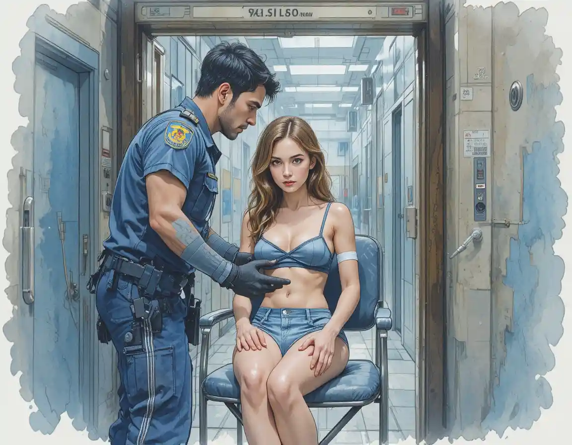 Injured woman in underwear examined in operations office