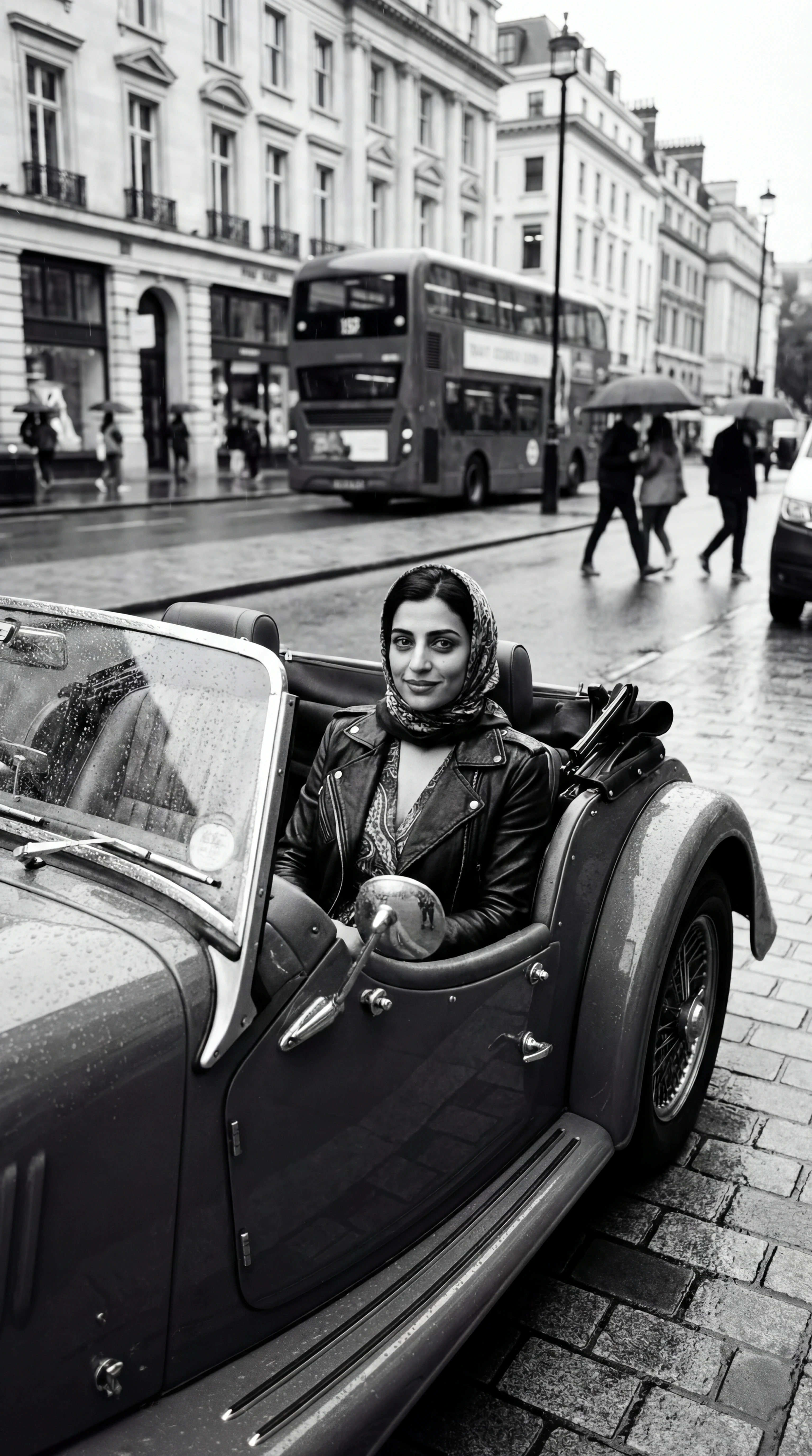 런던 거리에서 빈티지 컨버터블을 탄 스타일리시한 여성