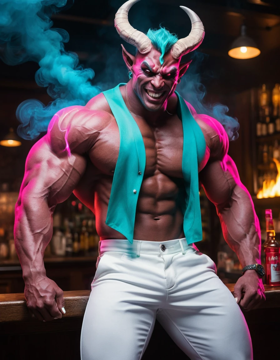 Demônio musculoso com chifres fumando em um bar iluminado por néon