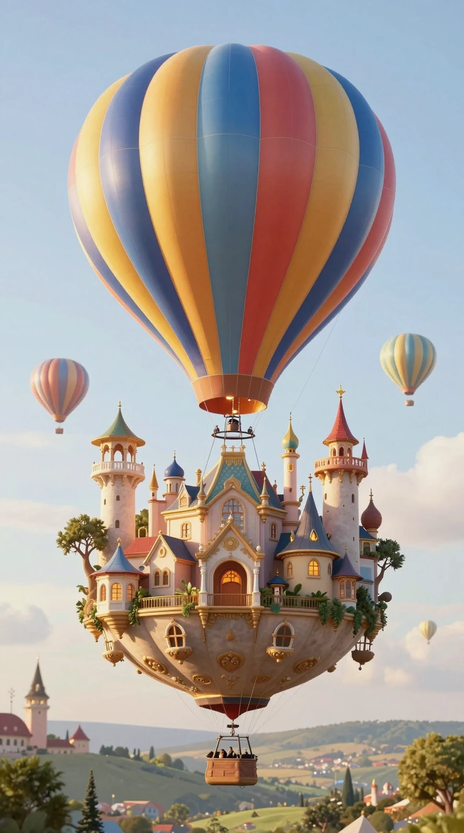 Schwebendes Fantasiereich, getragen von einem strahlenden Heißluftballon