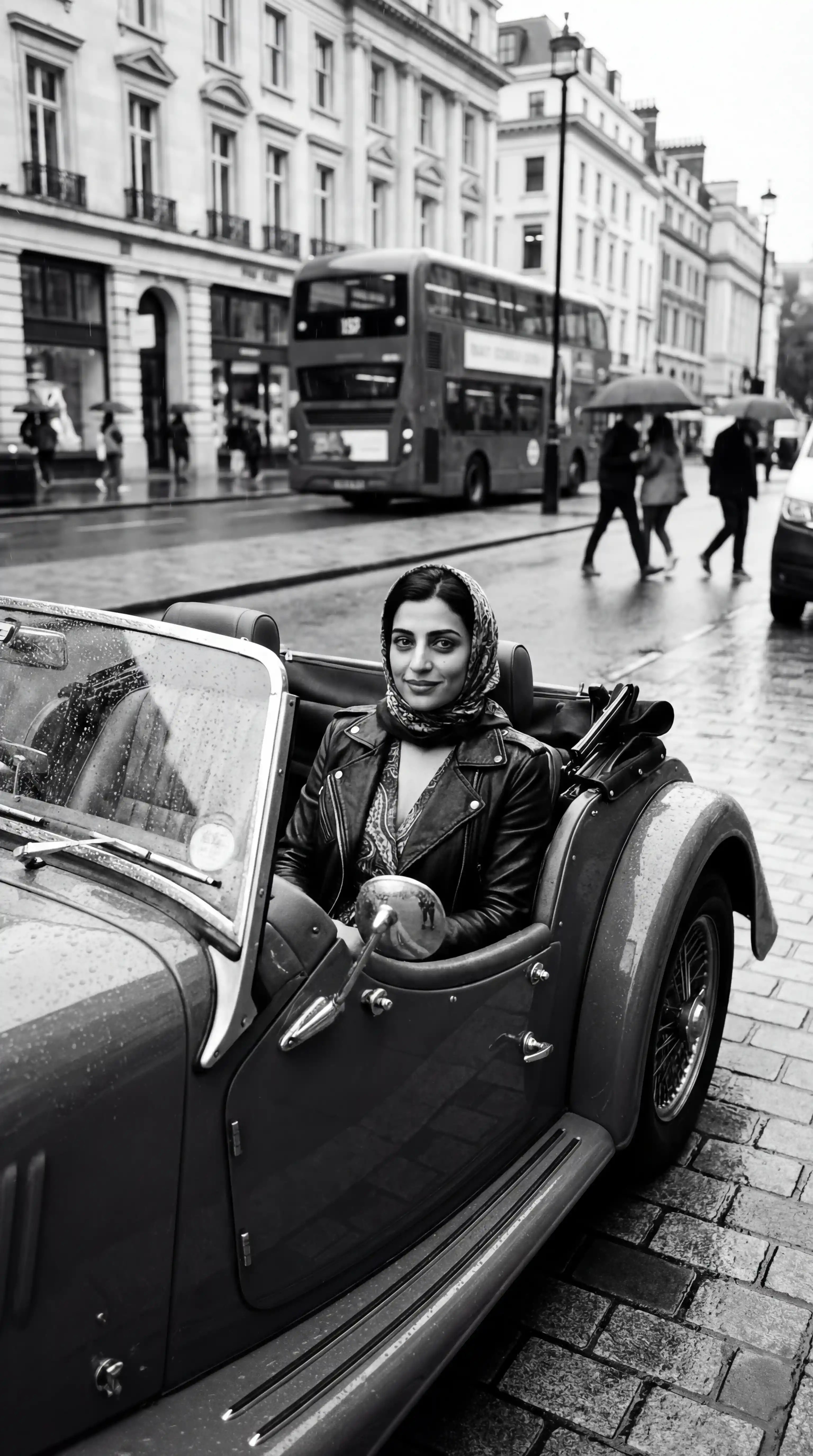 Stilvolle Frau im Vintage-Cabrio auf einer Londoner Straße