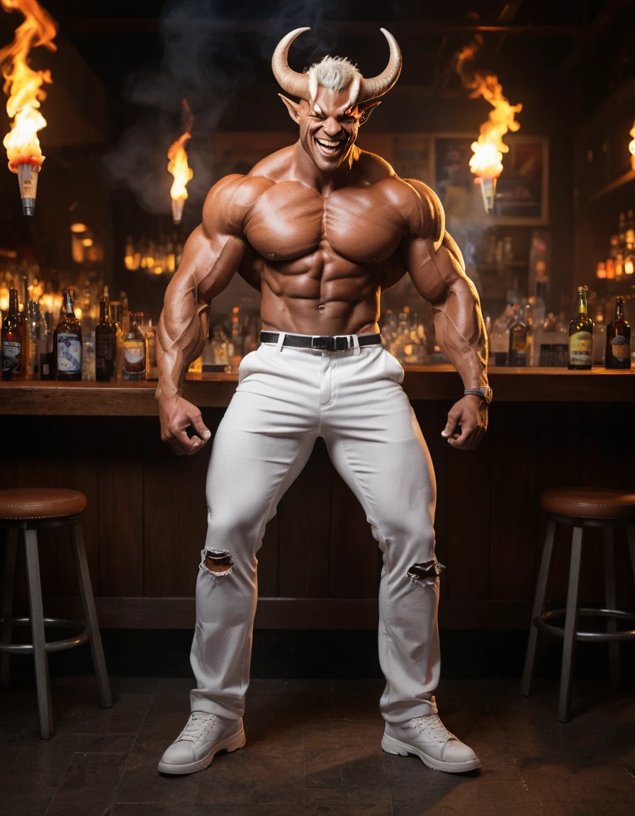 Muskulöser gehörnter Monster, das in einer dunklen Bar raucht