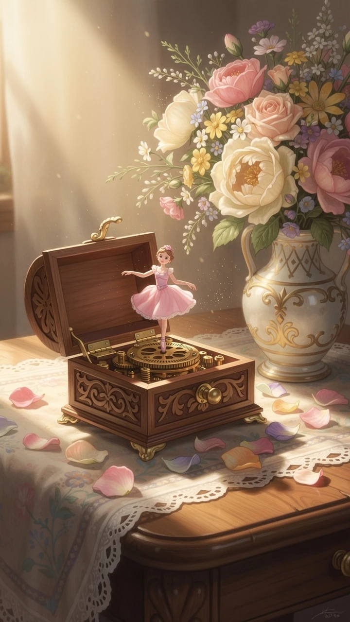 Wooden Music Box With Dancing Ballerina On Sunlit Table