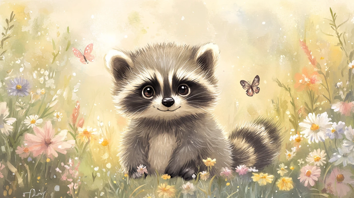 Cute baby raccoon in watercolor meadow illustration