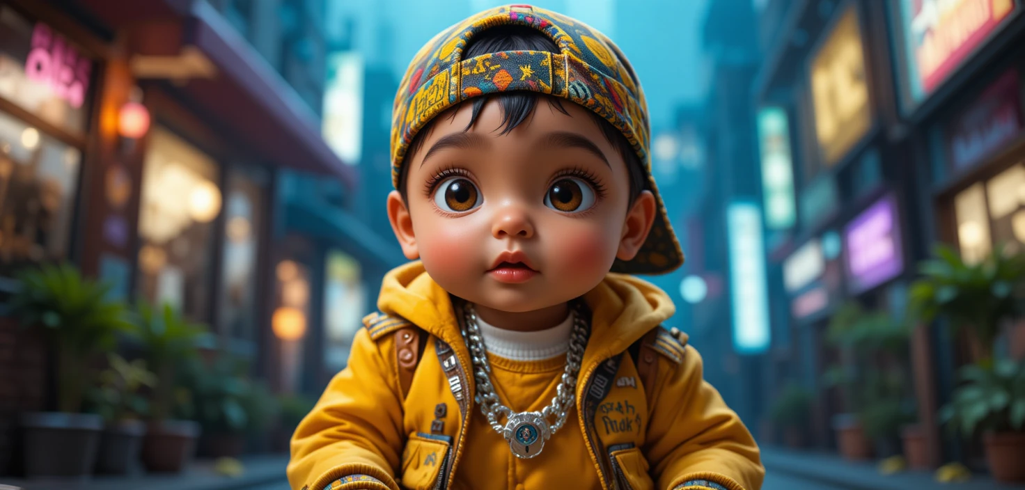 Bebê menino em roupa de rapper com tartaruga na coleira