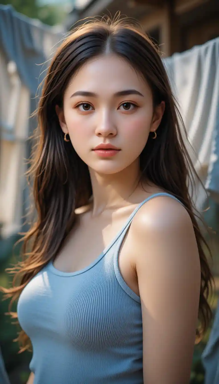 Young woman in sunlight near backyard laundry line