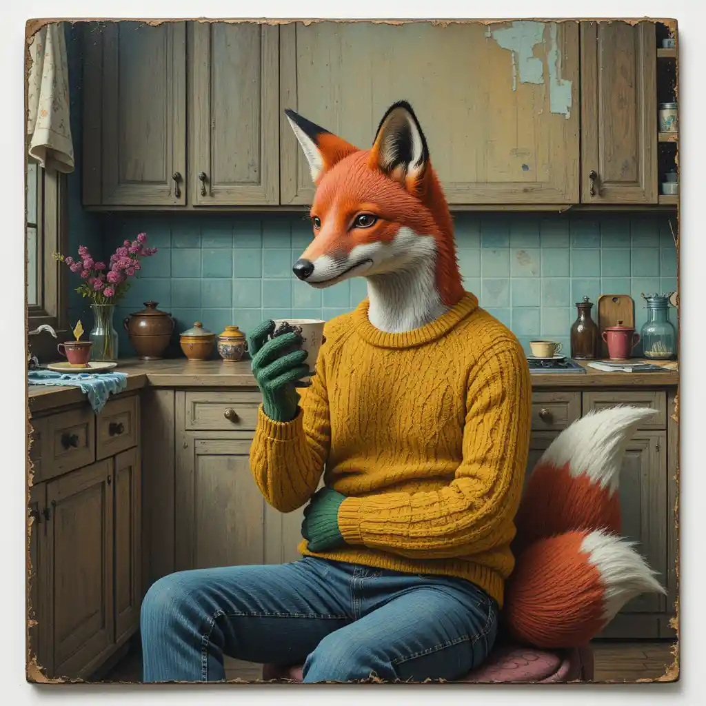 Anthropomorphic fox sipping morning coffee in a cozy kitchen