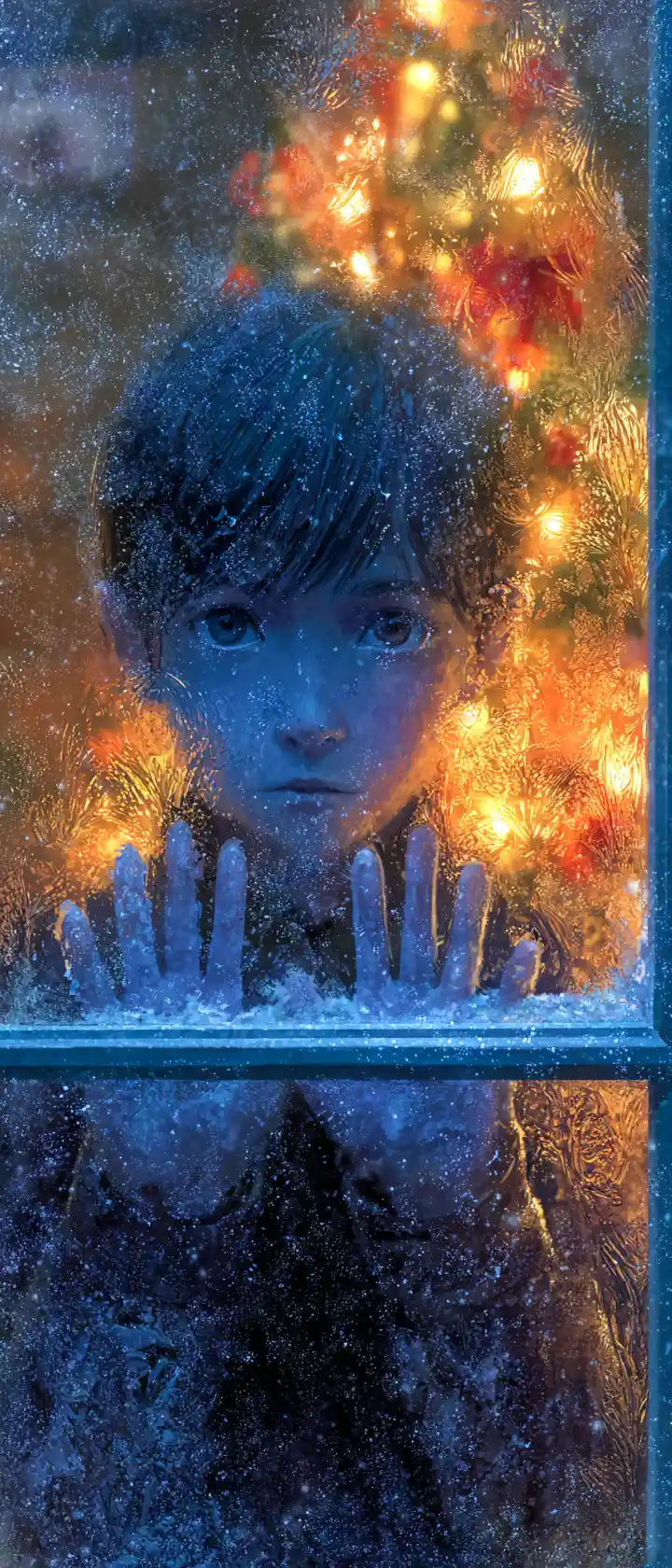Young vampire boy crying against a rainy winter window