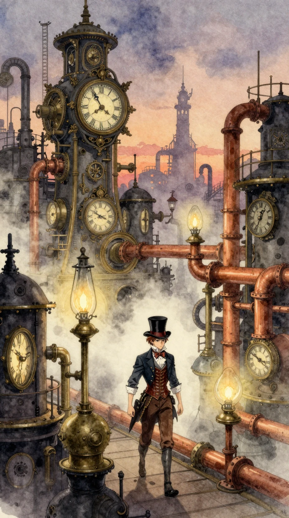 Steampunk adventurer wandering through misty Victorian city