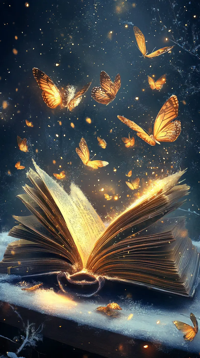 Libro incantato con farfalle luminose nella notte d’inverno