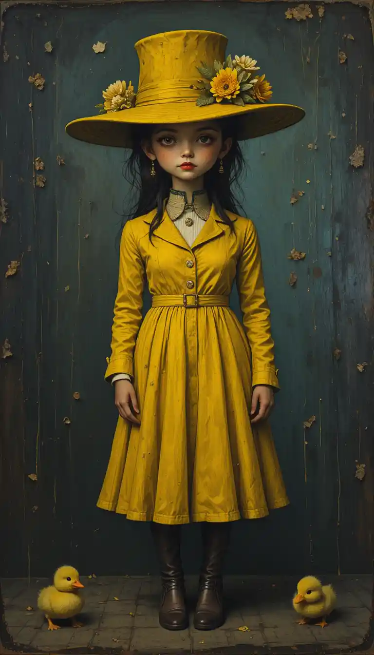 Tall absurdist girl in yellow with a small duckling
