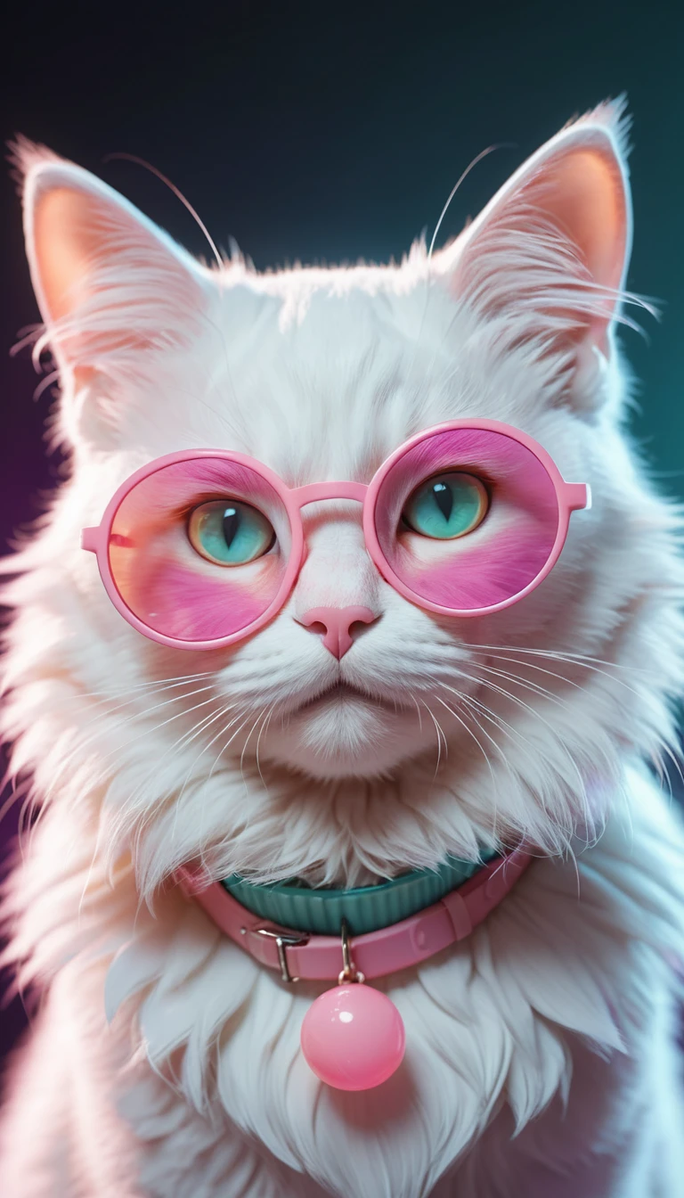 Gato anime 3D branco estiloso soprando chiclete rosa