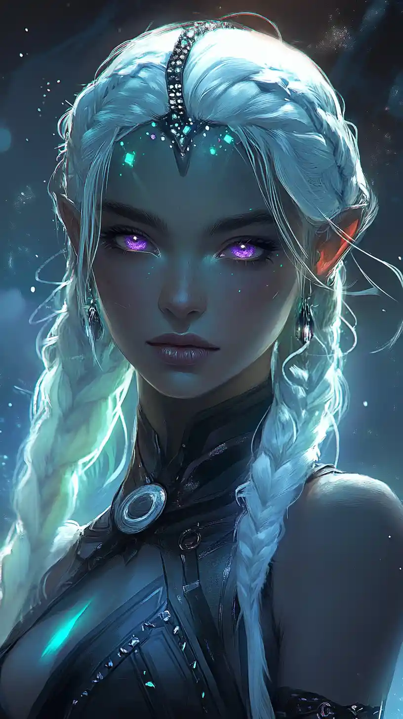 Alien princess in a shimmering gown on lunar ruins